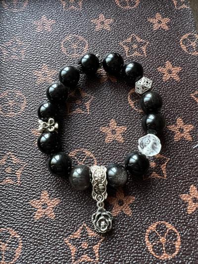 14mm Designer Silver Sheen Obsidian Bracelet Vintage Silver