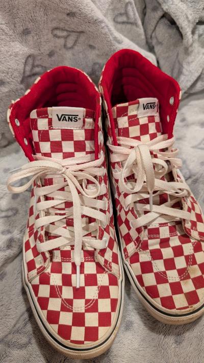 red and white checkered vans high tops