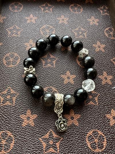 14mm Designer Silver Sheen Obsidian Bracelet Vintage Silver - Thumbnail 2