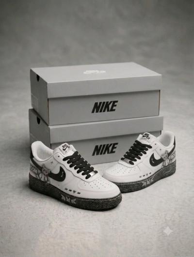 Custom Nike Air Force 1 Low Top LaceUp Sneakers White Black - Thumbnail 2