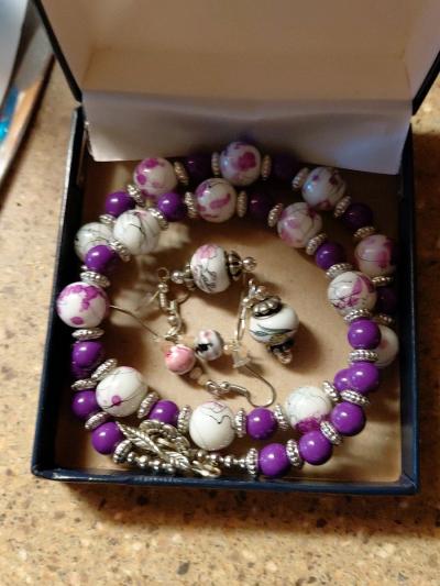 Artisan purple and white floral glass beads set