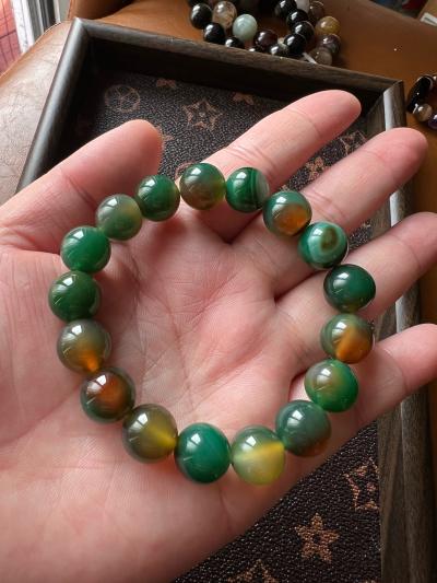 11mm Oily Peacock Green Agate Bracelet Natural Mixed Brown B