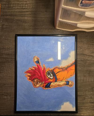 Goku Super Saiyan God Framed Hand Drawn Art