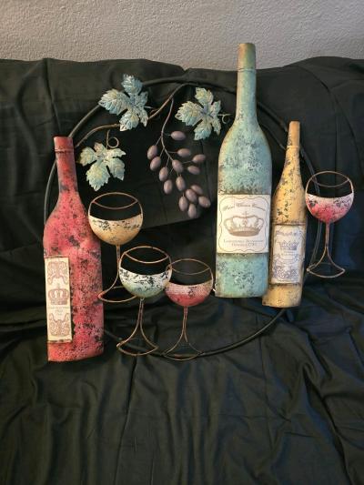 Rustic Wine Bottle  Grapes Round Metal Wall Art Decor 26in