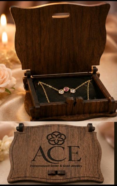 14k gold 3 stone necklace with decerative wood box