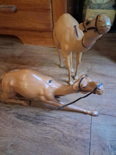 Vintage Handcrafted Real Leather Camel Figurines Pair  Glass