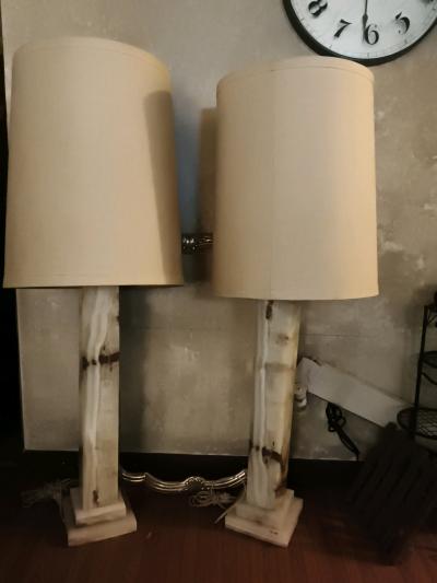 Pair of Antique Onyx Marble Column Floor Lamps ALL Original