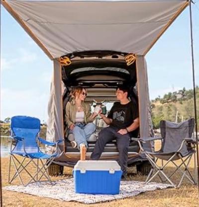 Tailgate tent with awning shade roof canopy