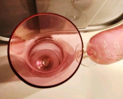 Vintage Cranberry etched hurricane vases - Thumbnail 3