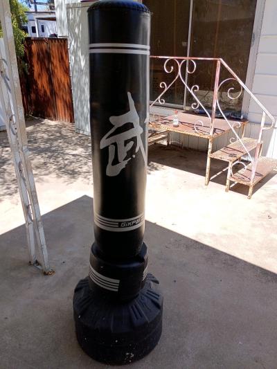 three punching bags and a yoga ball and a yoga ball