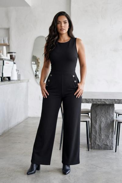 Black one piece jumpsuit with front pockets and buttons lg
