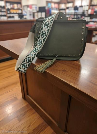 Olive Green Studded Crossbody Bag with Patterned Guitar Stra