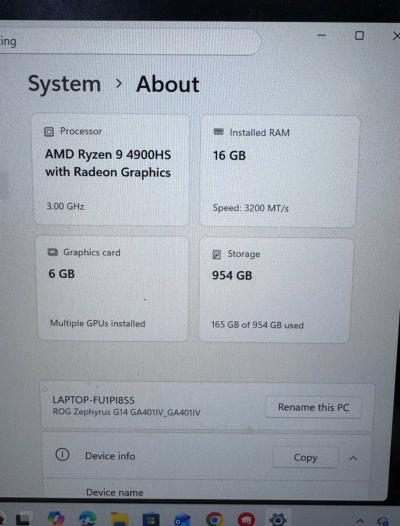 ASUS ROG Zephyrus Gaming PC  Ryzen 916GB Ram 2060 Max Q  1tb - Thumbnail 4