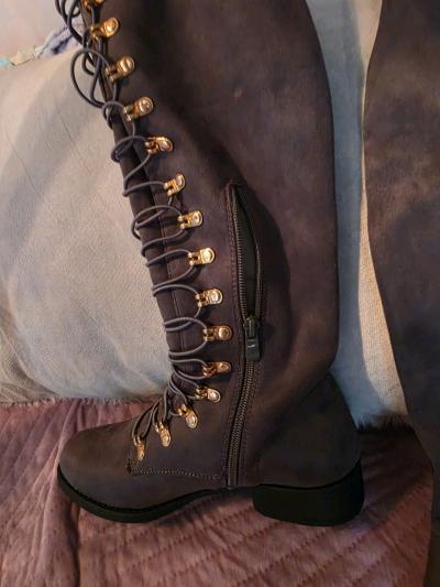 Grey Faux Suede OvertheKnee LaceUp Boots with Gold Hardware - Thumbnail 3