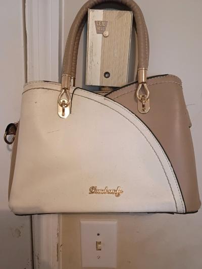 TwoTone Beige  Cream Structured Satchel Handbag with Gold Ha - Thumbnail 2