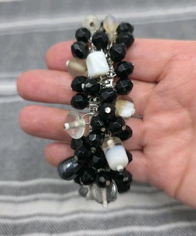 Cha Cha Expansion Bracelet Black White  Clear Beads Vintage - Thumbnail 3