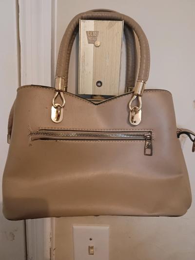 TwoTone Beige  Cream Structured Satchel Handbag with Gold Ha - Thumbnail 3