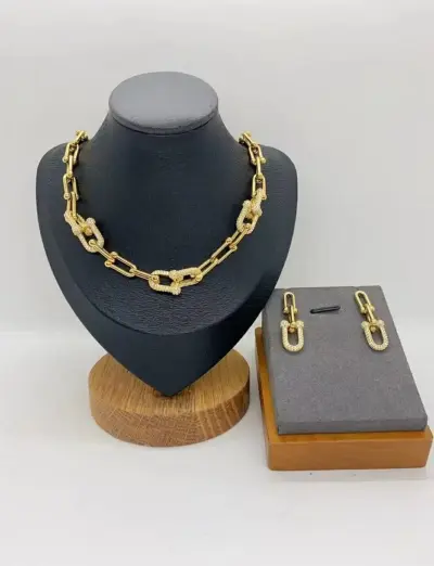 Elegant Gold Paperclip Necklace & Earrings Set stainless s - Thumbnail 2