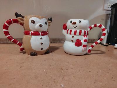 Christmas Reindeer  Snowman Ceramic Mugs  Candy Cane Handles