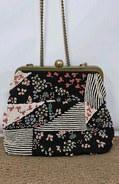 Anthropologie floral Beaded Crossover Purse Bag w Kiss Lock
