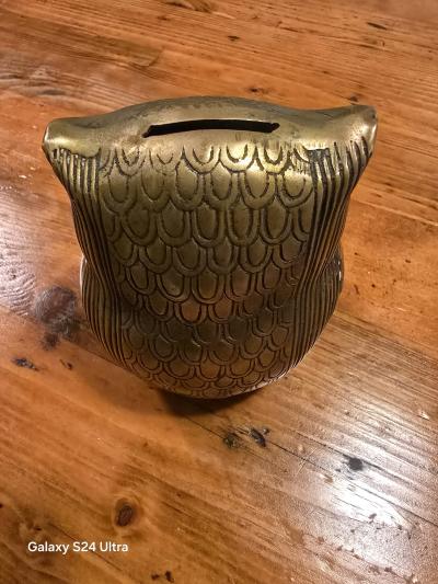 vintage brass owl coin bank - Thumbnail 2