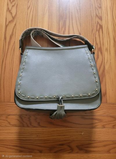 Olive Green Studded Crossbody Bag with Patterned Guitar Stra - Thumbnail 4