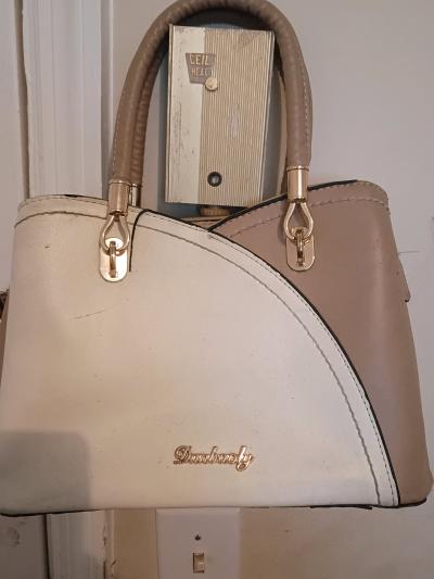 TwoTone Beige  Cream Structured Satchel Handbag with Gold Ha - Thumbnail 4
