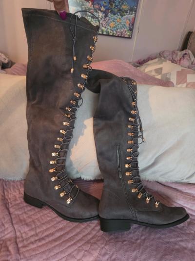 Grey Faux Suede OvertheKnee LaceUp Boots with Gold Hardware