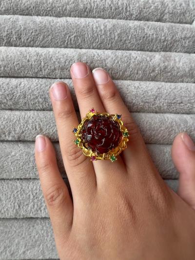 Natural Blood Amber Rose Ring Adjustable - Thumbnail 2
