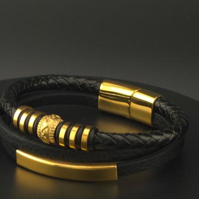 faux Leather Black Gold bracelet for men - Thumbnail 6