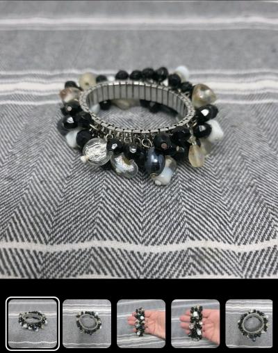 Cha Cha Expansion Bracelet Black White  Clear Beads Vintage