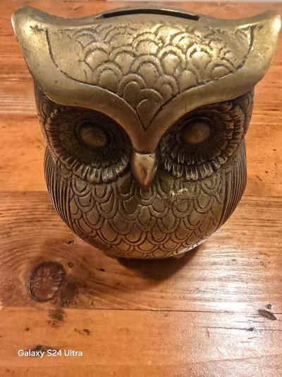 vintage brass owl coin bank