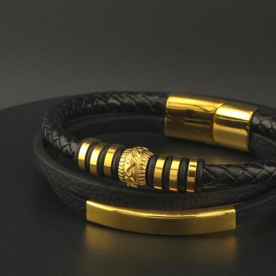 faux Leather Black Gold bracelet for men - Thumbnail 3