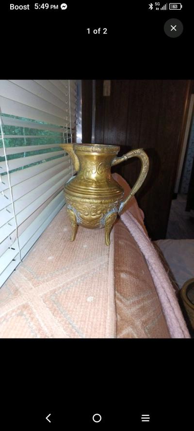 Vintage Ornate Brass Footed Pitcher with Repousse Floral Pat