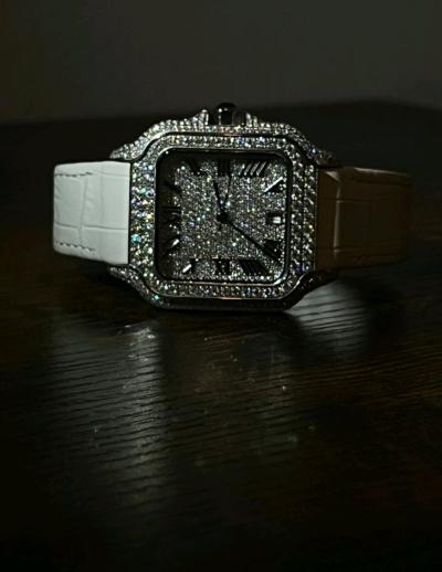 bustdown moissanite watch with leather strap clasp - Thumbnail 2
