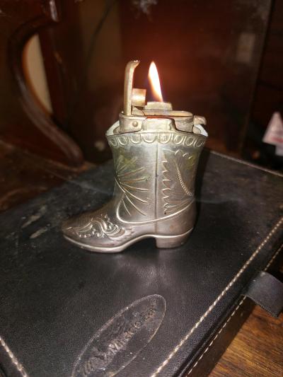 vintage cowboy boot table top lighter with imbossed pattern - Thumbnail 2