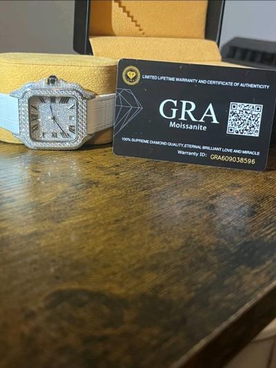 bustdown moissanite watch with leather strap clasp