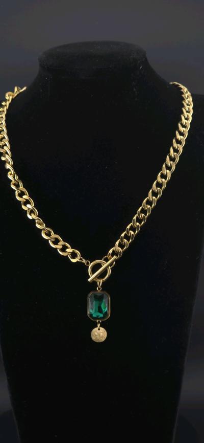 long chain necklace with green  Cz gemstone - Thumbnail 2
