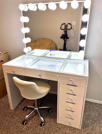 White Hollywood Vanity Desk with Lighted Mirror LED Glass - Thumbnail 2