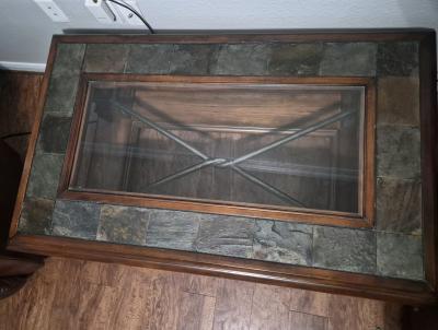 3 piece set Solid wood and Slate Tile Coffee Table with Glas