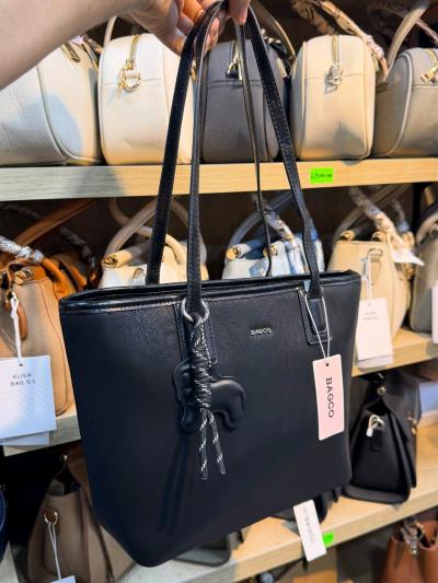 BAGCO Classic Faux Leather Tote Bag with Elephant Charm Acce - Thumbnail 2