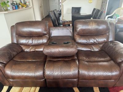 Brown Leather Reclining Couches 2 Sets - Thumbnail 4