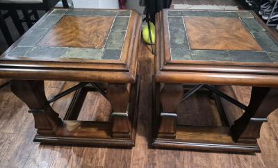 3 piece set Solid wood and Slate Tile Coffee Table with Glas - Thumbnail 4