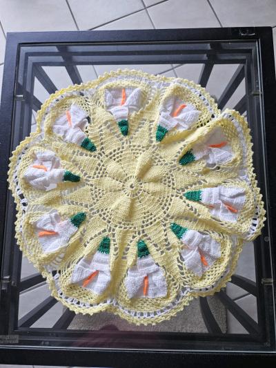 Handmade Yellow Crochet Floral Doily  White  Green 3D accent