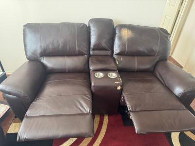 Brown Leather Reclining Loveseat with storage and cup holder - Thumbnail 2