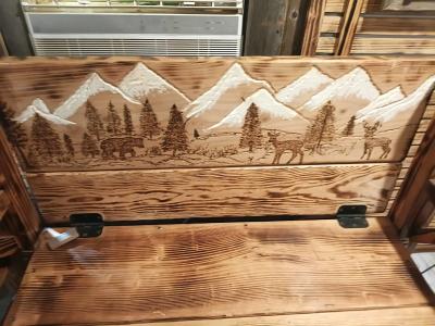 wood bench with hand carved picture on the back - Thumbnail 2