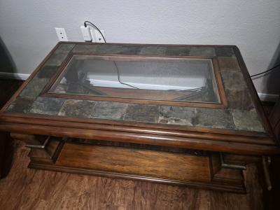 3 piece set Solid wood and Slate Tile Coffee Table with Glas - Thumbnail 2