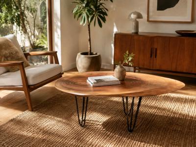 three legged hand made wood cross cut table