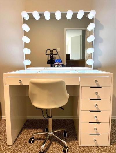 White Hollywood Vanity Desk with Lighted Mirror LED Glass - Thumbnail 3