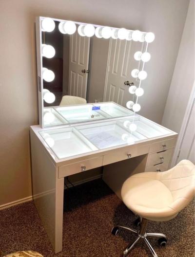 White Hollywood Vanity Desk with Lighted Mirror LED Glass